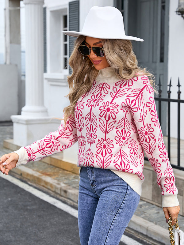 Women’s high collar floral long sleeve sweater