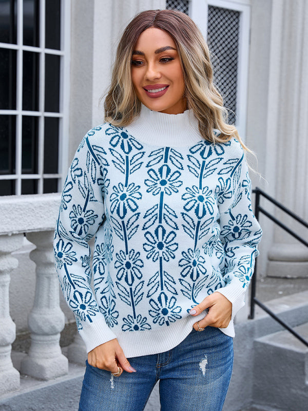 Women’s high collar floral long sleeve sweater - Blue / S