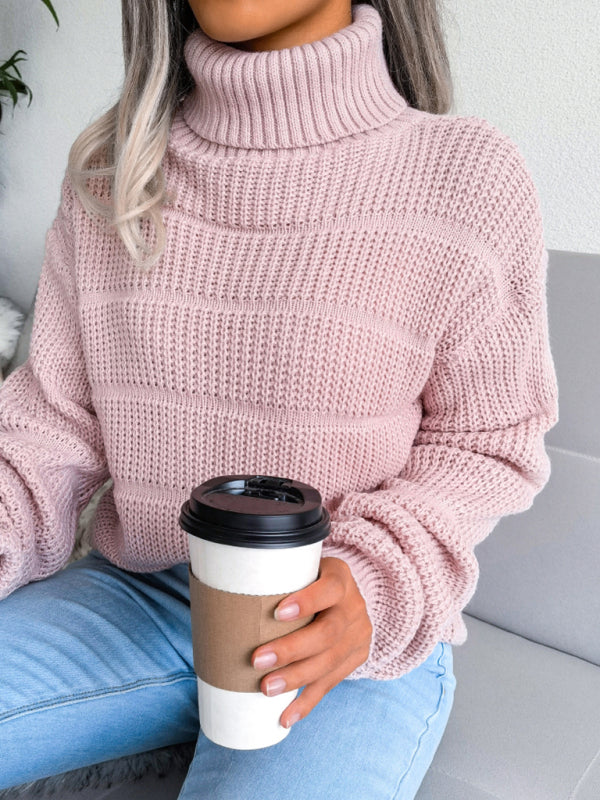 Women’s high collar long sleeve hollow out casual bottomed knitted sweater