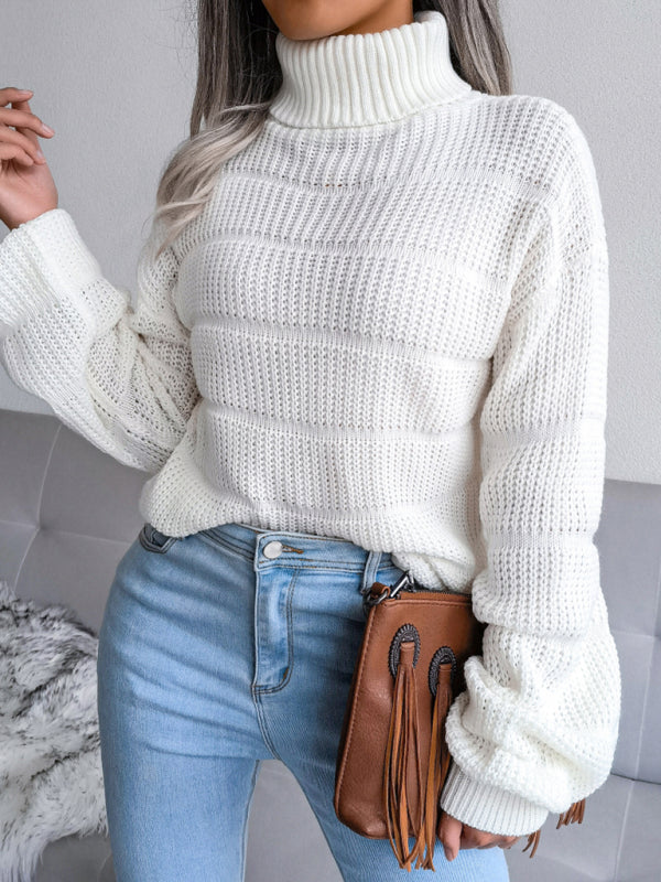 Women’s high collar long sleeve hollow out casual bottomed knitted sweater
