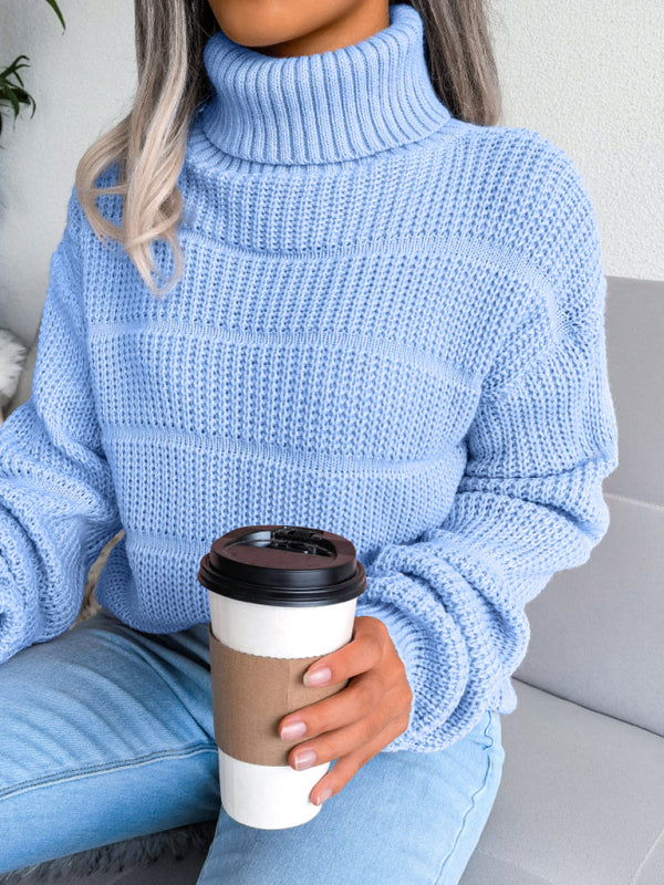 Women’s high collar long sleeve hollow out casual bottomed knitted sweater - Blue / S