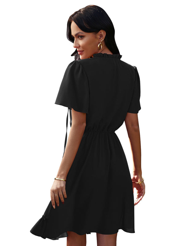 Women’s high neck loose Ruffle Dress - Black / S