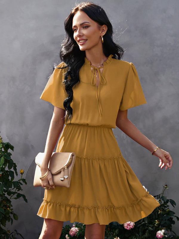 Women’s high neck loose Ruffle Dress - Ginger yellow / S