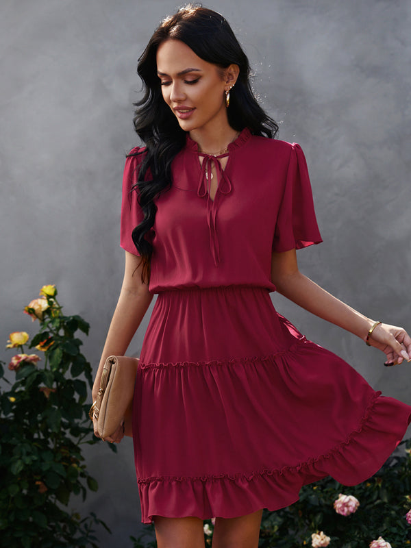 Women’s high neck loose Ruffle Dress - Wine Red / S