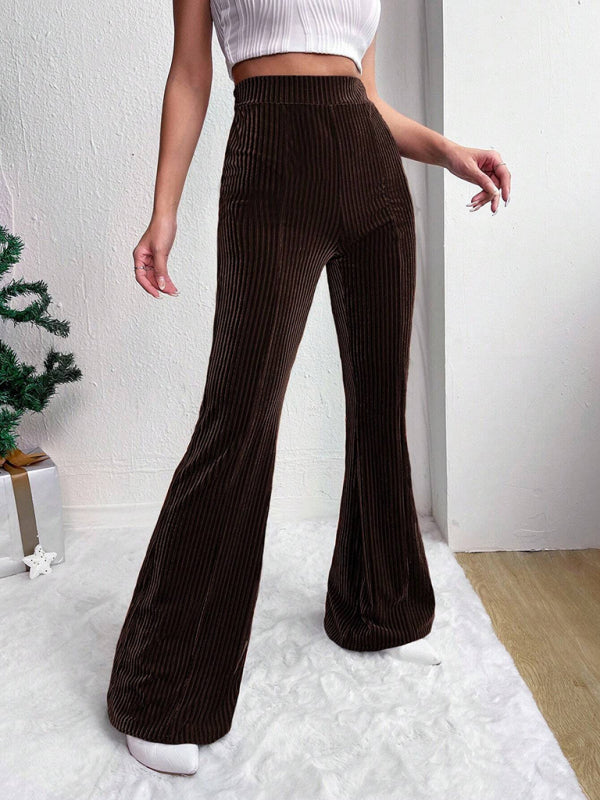 Women’s high waist corduroy flared pants solid color casual wide leg long sweatpants - Coffee / S