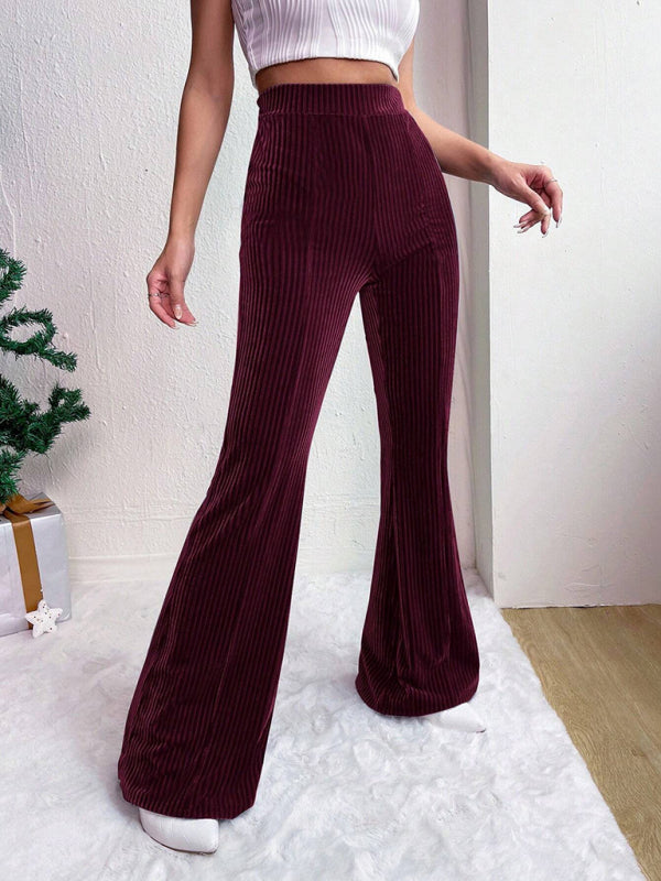 Women’s high waist corduroy flared pants solid color casual wide leg long sweatpants - Wine Red / S