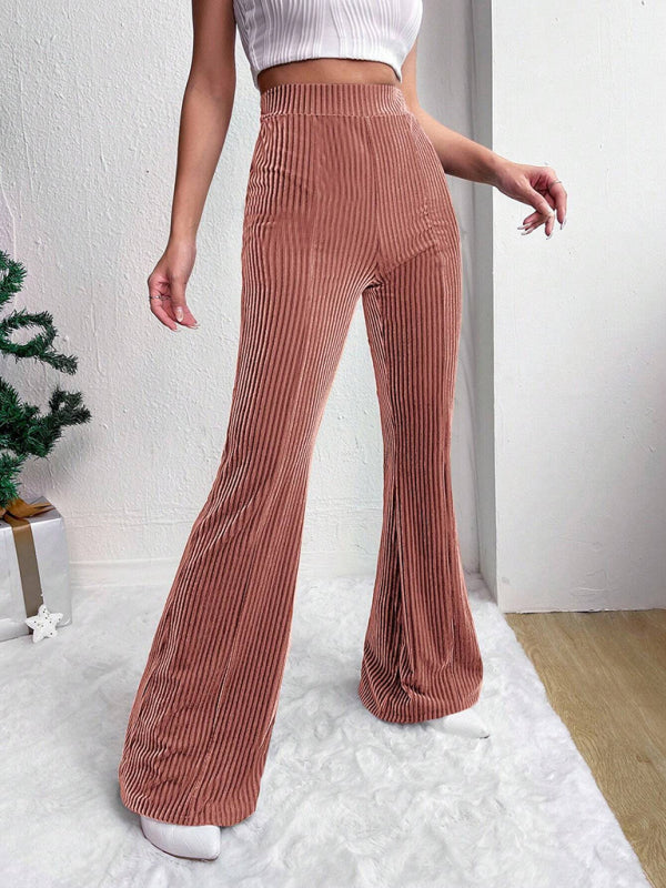 Women’s high waist corduroy flared pants solid color casual wide leg long sweatpants - Pink / S