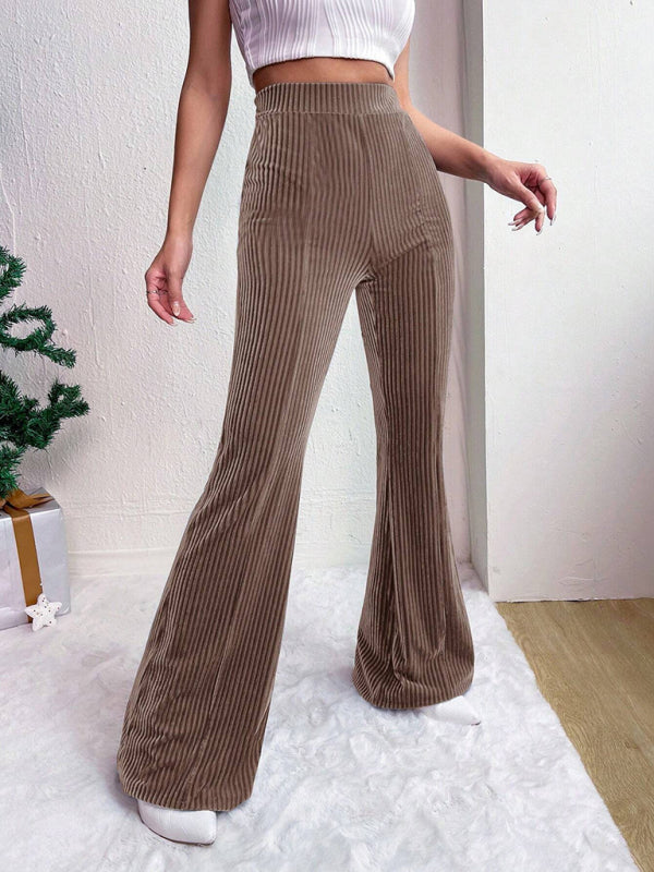 Women’s high waist corduroy flared pants solid color casual wide leg long sweatpants - Khaki / S