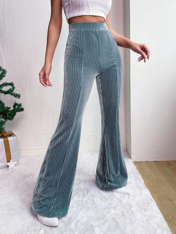Women’s high waist corduroy flared pants solid color casual wide leg long sweatpants - Peacock blue / S