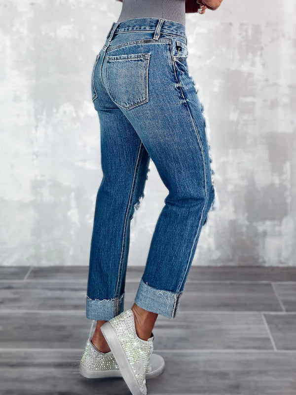 Women’s high waist ripped straight leg street style long jeans