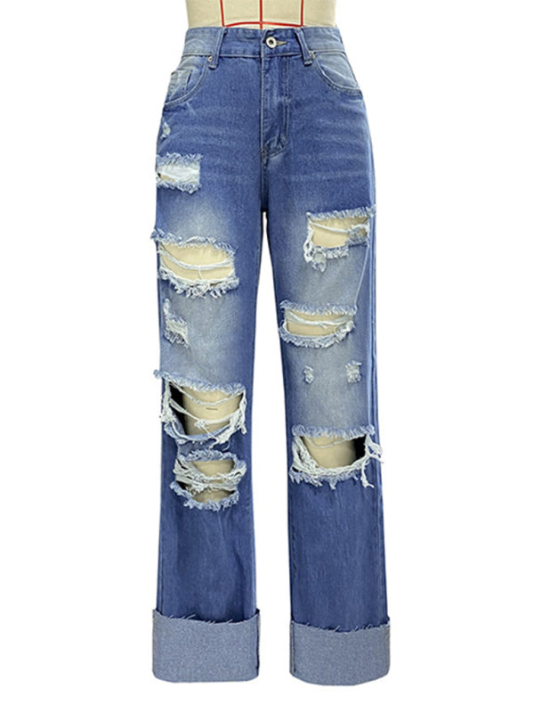 Women’s high waist ripped straight leg street style long jeans
