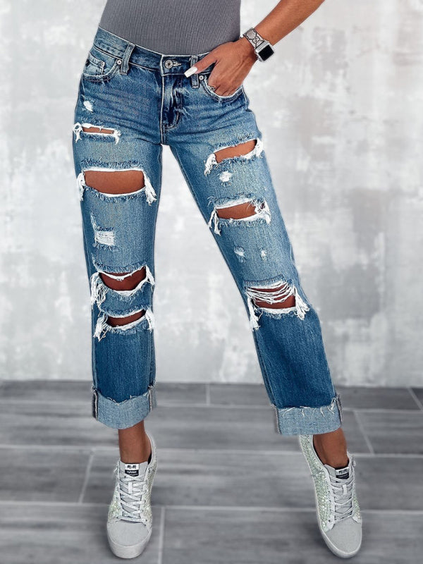 Women’s high waist ripped straight leg street style long jeans - Blue / S