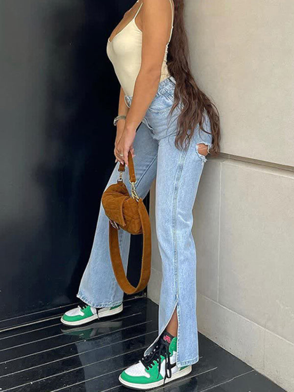 Women’s High Waist Stretch Ripped Hem Slit Jeans