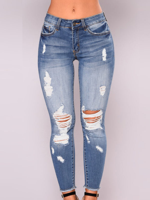 Women’s high waist stretch ripped jeans - Clear blue / S