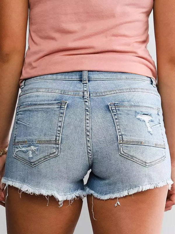 Women’s High Waist Two Button Fashion Ripped Denim Shorts