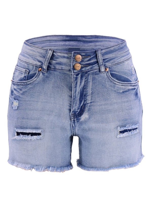 Women’s High Waist Two Button Fashion Ripped Denim Shorts