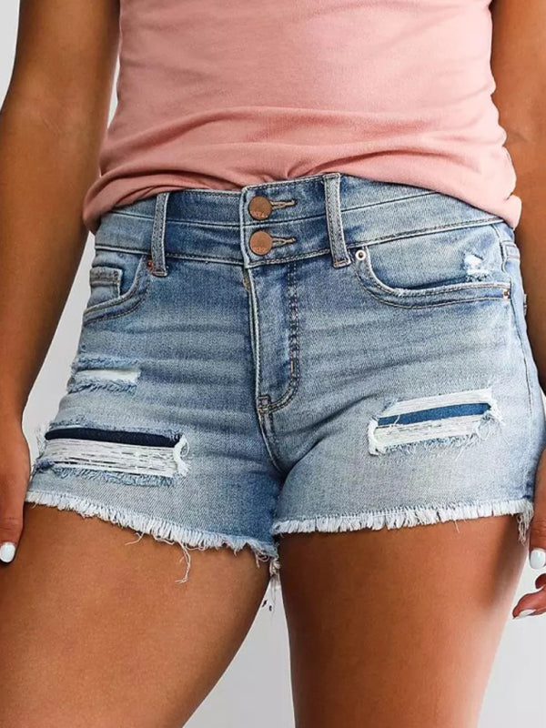 Women’s High Waist Two Button Fashion Ripped Denim Shorts - Blue / S