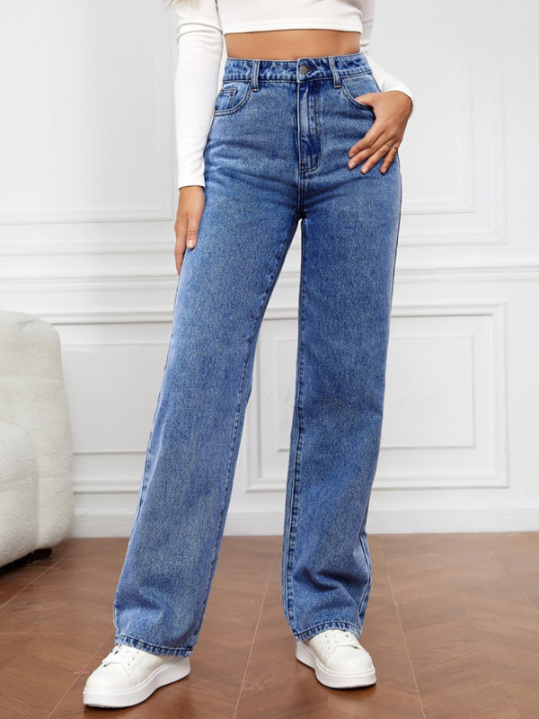 Women’s High Waist Washed Straight Leg Jeans - Purplish blue navy / S