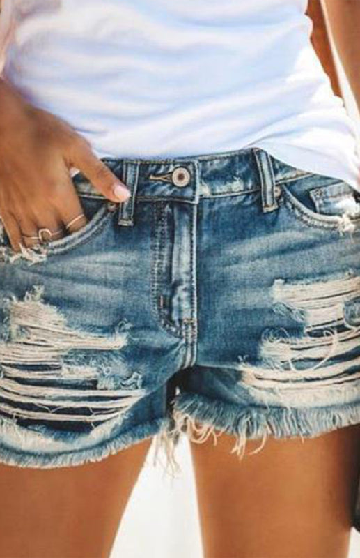 Women’s High-Waisted Fringed Cut-Out Denim Shorts - Denim Blue / S