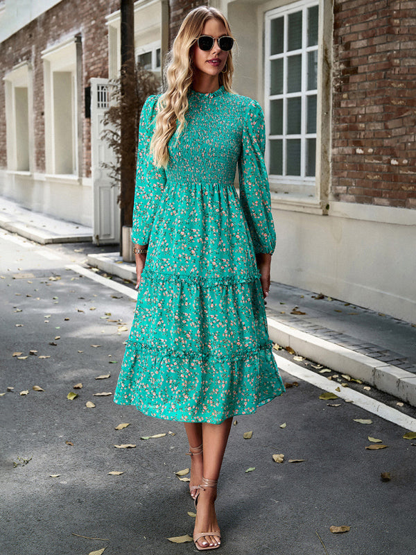 Women’s holiday casual floral earring dress - Green / S