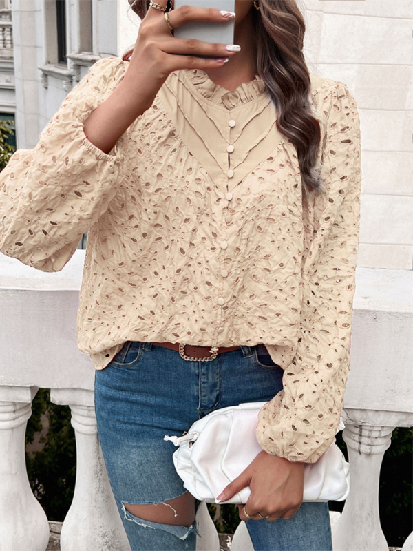 Women’s hollow puff sleeve embroidered top
