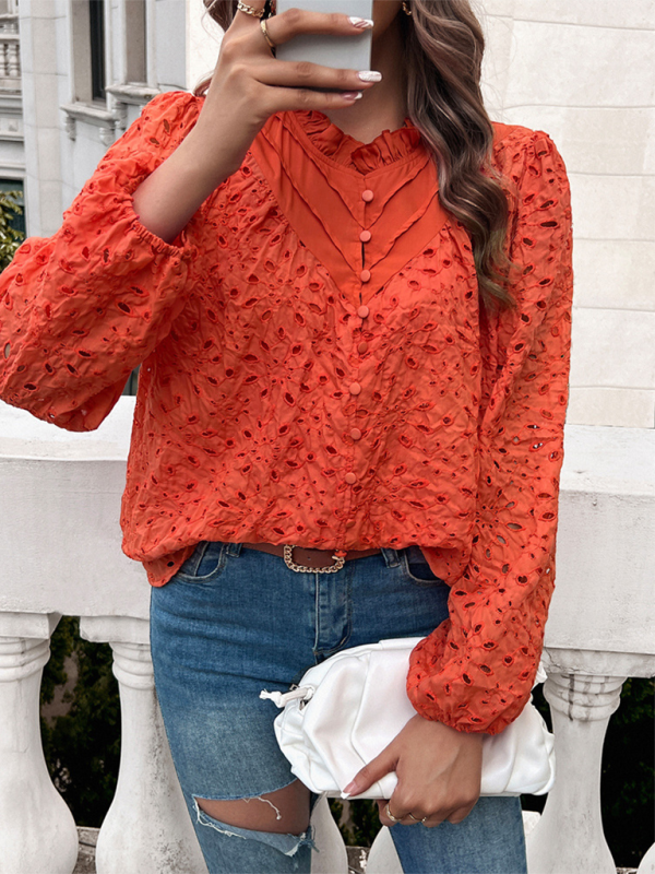Women’s hollow puff sleeve embroidered top - Orange / S