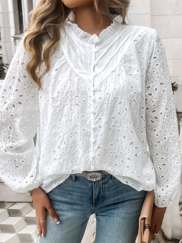 Women’s hollow puff sleeve embroidered top - White / S