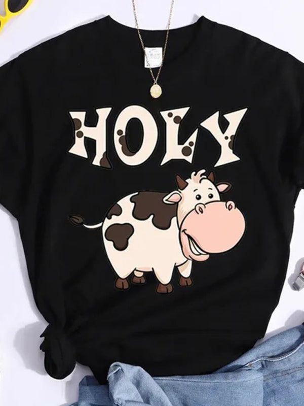 Women’s holy cow print round neck short sleeve T-shirt - Black / XS