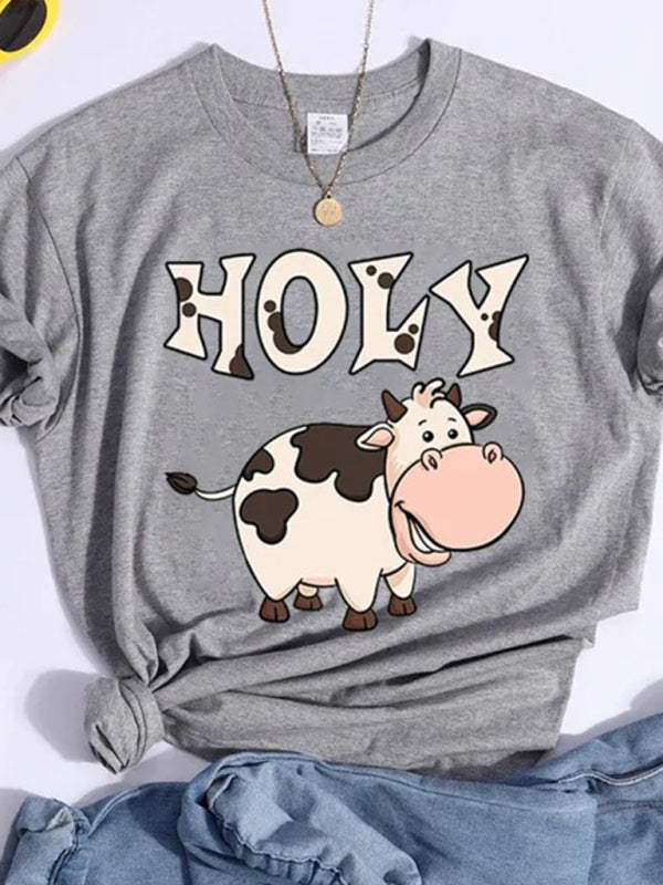 Women’s holy cow print round neck short sleeve T-shirt - Grey / XS