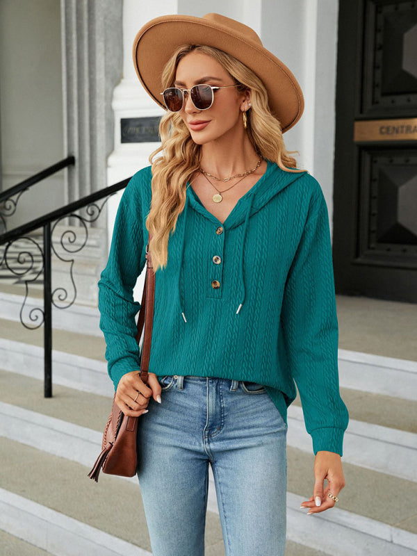 Women’s Hooded Button Loose Long Sleeve Sweatshirt