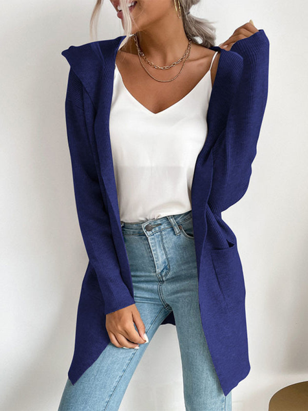 women’s hooded pit knitted sweater cardigan coat - Blue / S