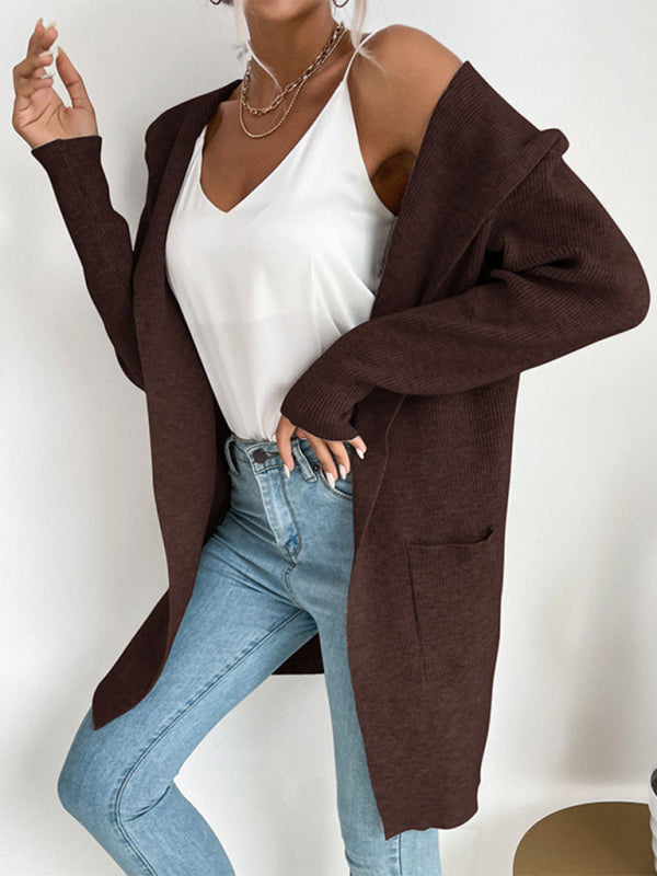 women’s hooded pit knitted sweater cardigan coat - Brown / S