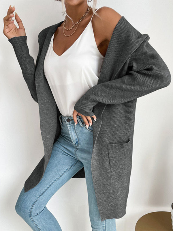 women’s hooded pit knitted sweater cardigan coat - Charcoal grey / S