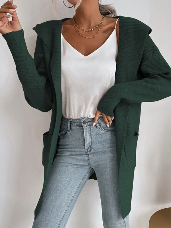 women’s hooded pit knitted sweater cardigan coat - Green / S