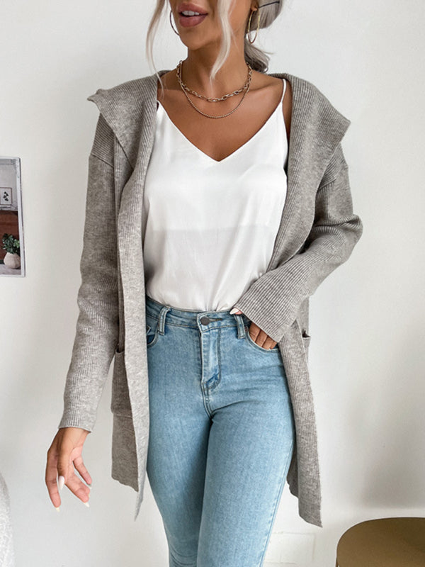 women’s hooded pit knitted sweater cardigan coat - Grey / S