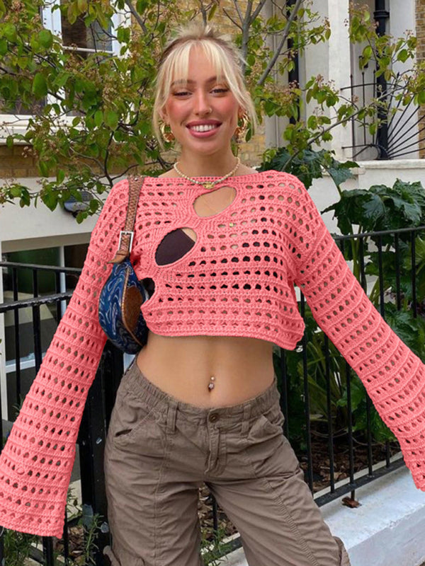 Women’s Hot Girl Style Sexy Irregular Hollow Hollow Knitted Blouse - Peach / S