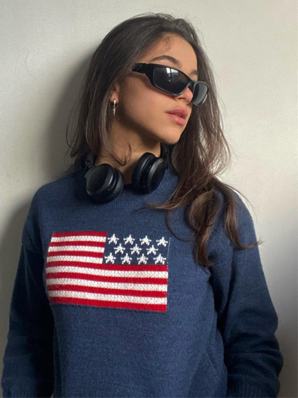 Women’s Independence Day American Flag Graphic Pullover Sweater - Purplish blue navy / M