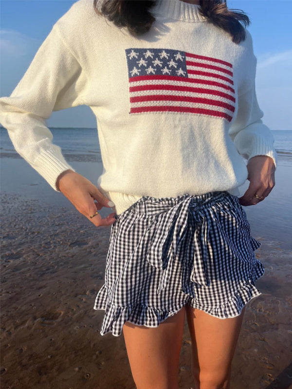 Women’s Independence Day American Flag Graphic Pullover Sweater - White / M