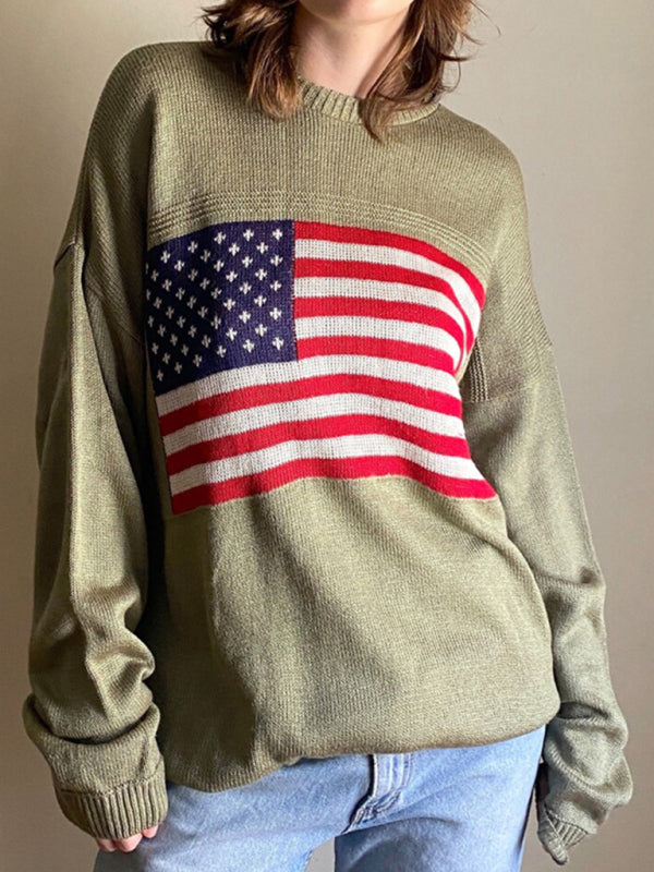 Women’s Independence Day American Flag Loose Fit Pullover Sweater - Olive green / M
