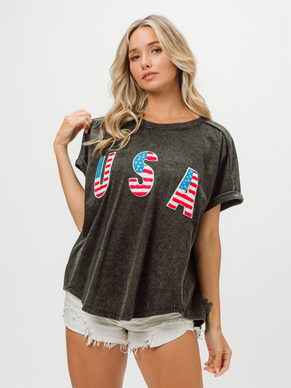 Women’s Independence Day English Letters Short Sleeve T-Shirt Top