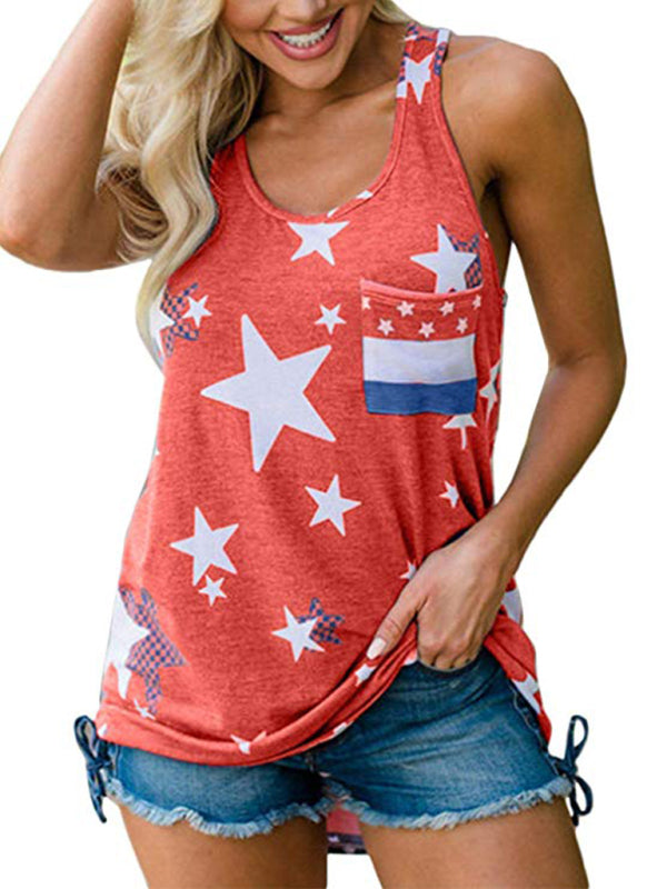 Women’s Independence Day Flag Print Loose Casual Tank Top - Red / S