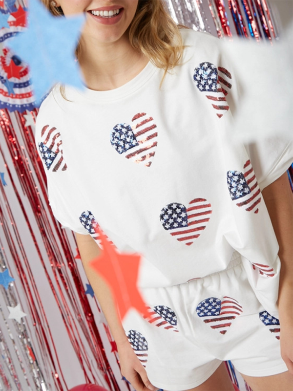 Women’s Independence Day Top Sequin Pants Suit Short Sleeve Two-piece Suit