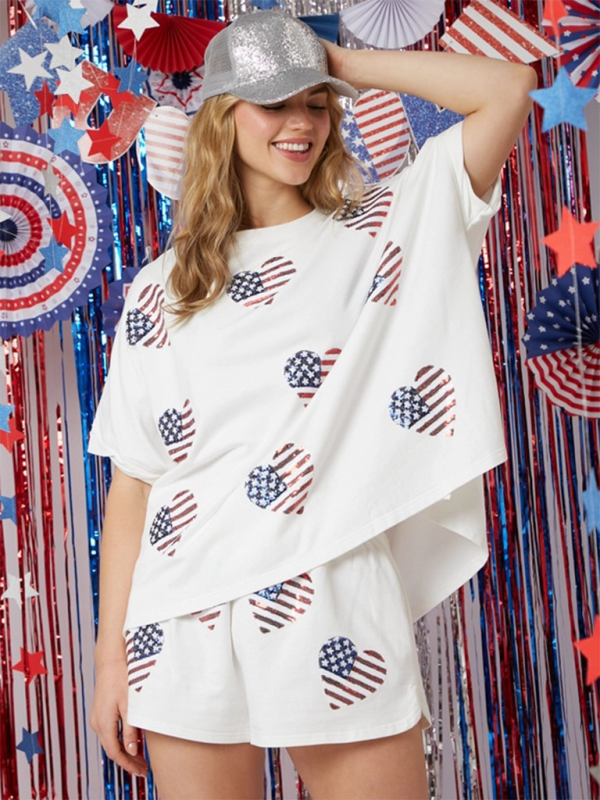 Women’s Independence Day Top Sequin Pants Suit Short Sleeve Two-piece Suit - White / S