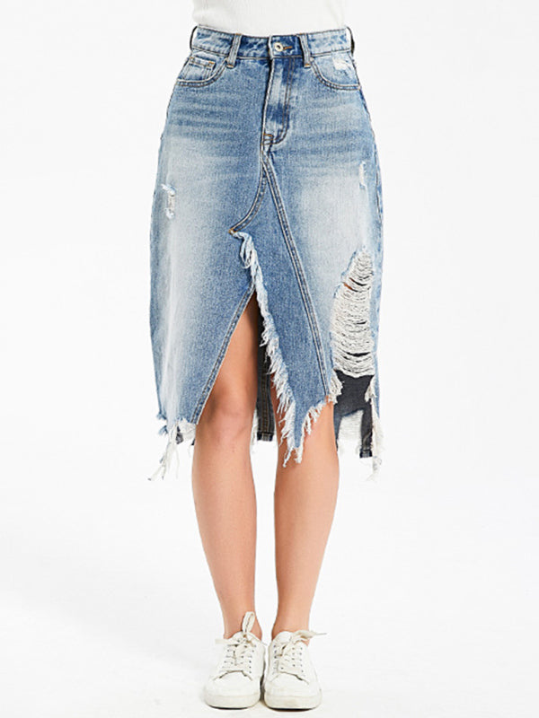 Women’s Irregular fringed ripped butt-lifting denim midi skirt - Blue / S