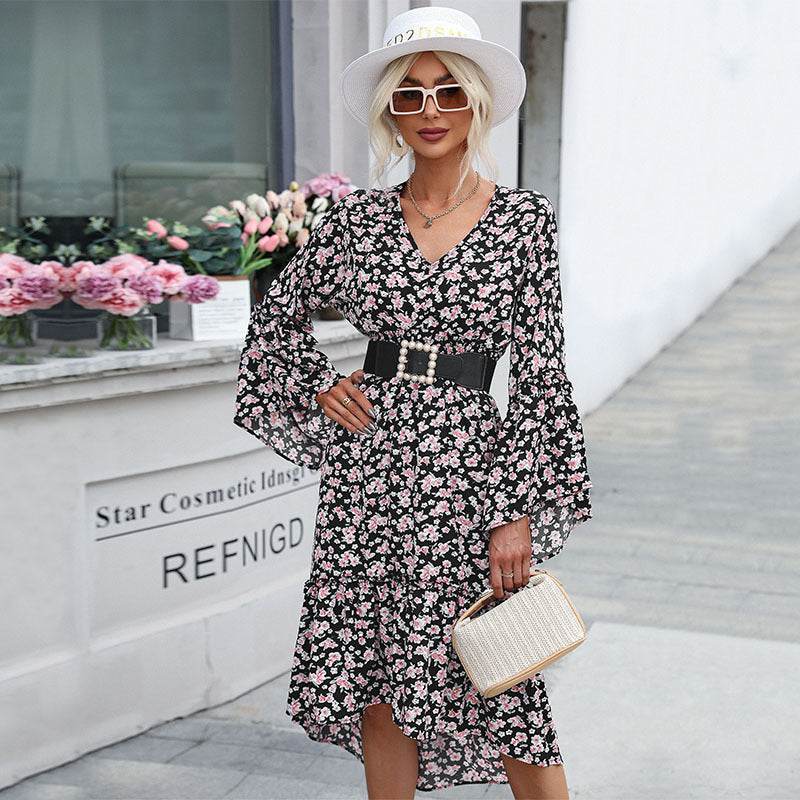 Women’s irregular long -sleeved floral skirt autumn and winter dress - Photo Color / S