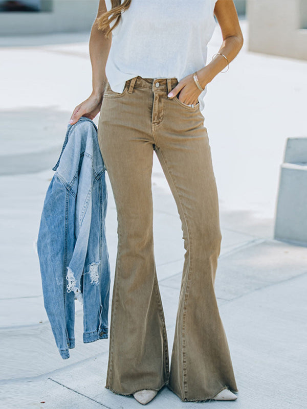 Women’s Jeans High Waist Mopping Vintage Flared Trousers - Khaki / S