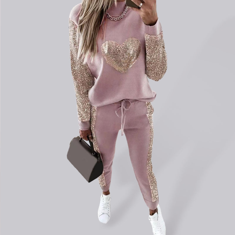 Women’s Khaki Love Sequins Casual Suit - Pink / S