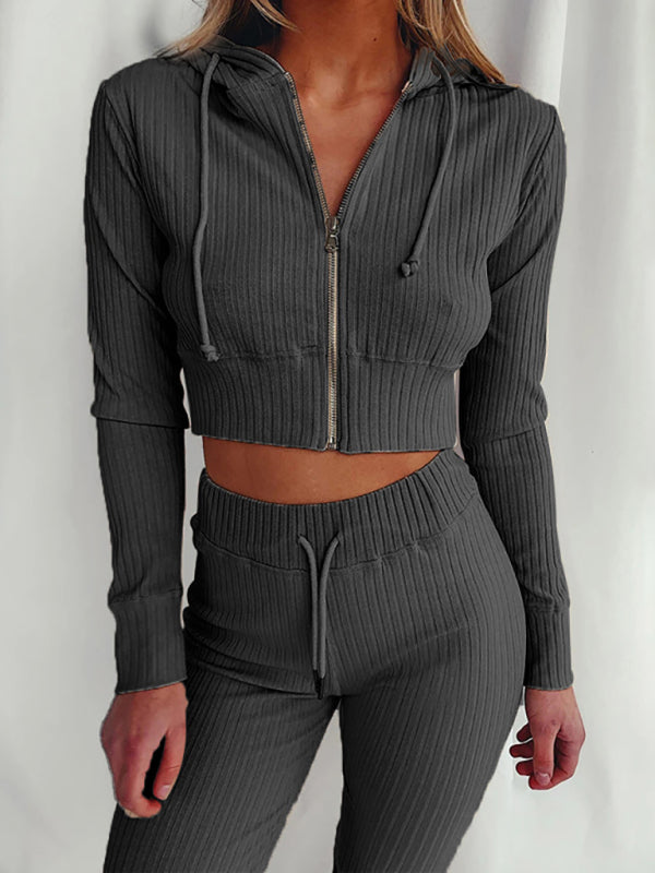 Women’s Knit Hooded Two-Piece Jogger Set - Grey / S