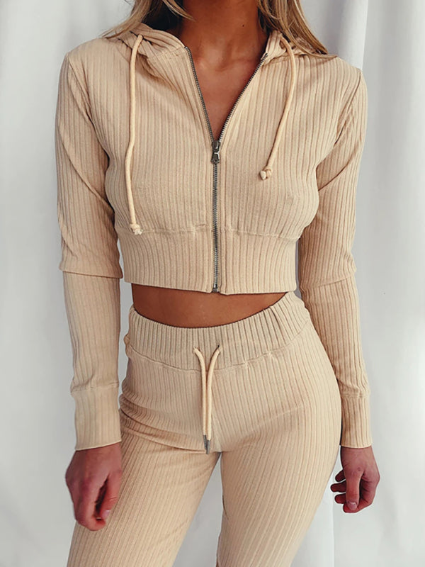 Women’s Knit Hooded Two-Piece Jogger Set - Khaki / S