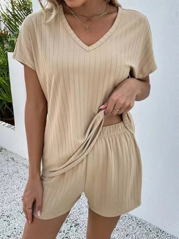women’s knitted casual home two piece suit - Khaki / S